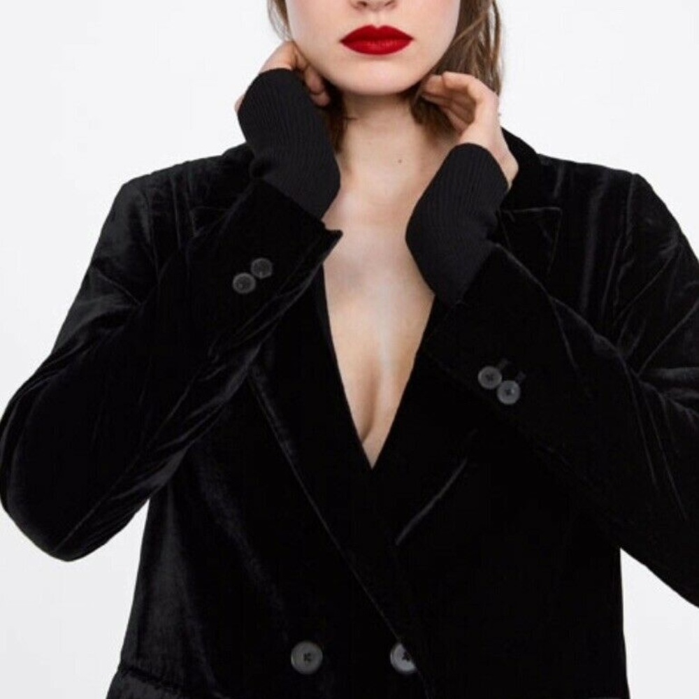 ZARA WOMAN Black Velvet Effect Satin Accent Double Breasted Tuxedo Blazer - Picture 7 of 10